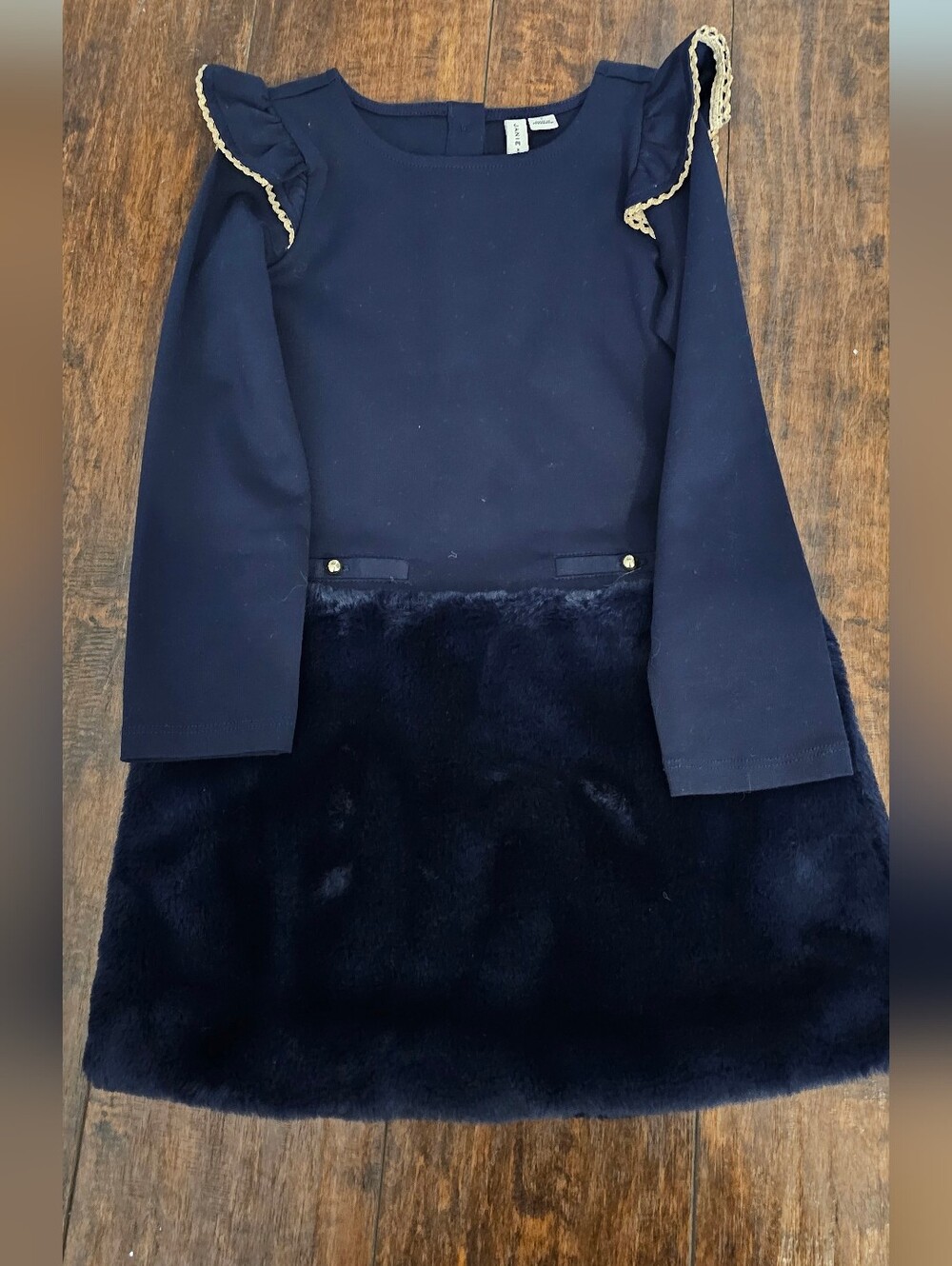 Janie and Jack Navy Dress with Gold Trim Faux Fur